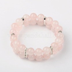 Perles rondes de pierre gemme de bracelets élastiques, laiton mêler pont est strass séparateurs, couleur argentée, quartz rose, 56mm