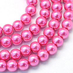 Backen gemalt pearlized Glasperlen runden Perle Stränge, neon rosa , 8~9 mm, Bohrung: 1 mm, ca. 105 Stk. / Strang, 31.4 Zoll