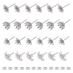 Dicosmétique 40 pièces 4 style fleur 201 & 304 accessoires de boucles d'oreilles en acier inoxydable, supports de boucle d'oreille avec 40pcs 304 poussoirs d'oreilles en acier inoxydable, couleur inoxydable, 10~15x0.5~1mm, Plateau: 4 mm, pin: 0.7~0.8 mm, 10 pièces / style