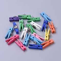Wooden Craft Clips, with Drawing Pins, Random Single Color or Random Mixed Color, 35x17.5mm, 20pcs/box