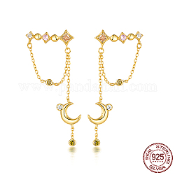 Orecchini pendenti con luna e stella 925 in argento sterling con strass, orecchini a catena da donna, oro, 46x20mm