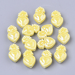 Manuell Porzellan Perlen, hell glasierten Porzellan-Stil, Herz, Gelb, 16x10.5x6.5 mm, Bohrung: 1.2 mm