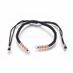 Fabrication de bracelets de perles tressées en nylon, avec des perles en laiton, Plaqué longue durée, Véritable plaqué or rose, noir, 10-1/4 pouce ~ 11-5/8 pouces (26~29.6 cm)