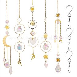 Brass Wind Chime Ornament, Moon & Star & Sun & Fairy & Ring & Rhombus with Glass Beads, for Wall Hangings Decoration, with Stainless Steel Swivel Hooks Clips, Mixed Color, 410~470mm, Hole: 11mm, 1pc/style