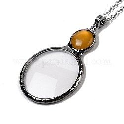 Ожерелье с плоским круглым стеклянным увеличительным кулоном для женщин, металлический черный, темные золотарник, 22.05 дюйм (56 см)