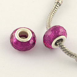 Large Hole Acrylic European Beads, with Silver Tone Brass Double Cores, Faceted Rondelle, Medium Violet Red, 14x9mm, Hole: 5mm