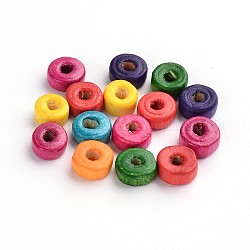 Natural Wood Beads, Flat Round, Mixed Color, Lead Free, Dyed, about 11560pcs/1000g, 8x3mm, hole: about 2mm