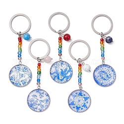 Porte-clés en verre imprimé floral bleu et blanc, avec des perles de pierres précieuses et des perles de rocaille en verre, Anneaux doubles en 304 acier inoxydable, demi-rond / dôme, 8.3 cm