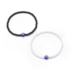Set di braccialetti elasticizzati con perline acriliche da 2 pz e 2 colori a lume di lampwork per le donne, in bianco e nero, diametro interno: 2-1/4~2-3/8 pollice (5.8~6 cm), 1pc / color