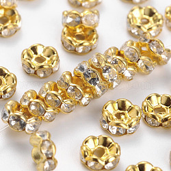 Perline distanziatori strass in ottone, grado B, chiaro, colore metallico oro, misura:circa8mm di diametro, 3.8 mm di spessore, Foro: 1.5 mm