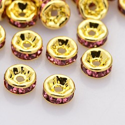 Abalorios de latón Diamante de imitación espaciador, Grado A, brida recta, color metal dorado, rerondana plana, rosa, 6x3mm, agujero: 1 mm