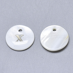 Breloque de coquille de nacre blanche naturelle, avec autocollant de fer, plat rond avec la lettre, letter.x, 13x2mm, Trou: 1.5mm