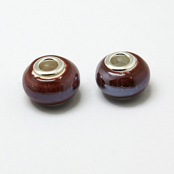 Perles européennes en porcelaine manuelles, avec noyaux double de couleur argente en alliage , rondelle, rouge foncé, 15x10~11mm, Trou: 5mm