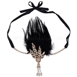 Bandeau hippie plume couronne florale, avec chaîne en alliage et strass, plage de mariage mariée accessoires de cheveux décoratifs, noir, 220~1170x9~145x22mm, 2 pièces / kit