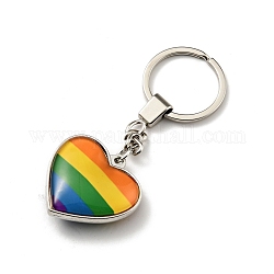 Portachiavi in lega di orgoglio, con anello in ferro e vetro, cuore con motivo arcobaleno, colorato, 10.05cm