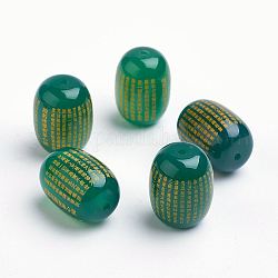 Natürliche Achat Perlen, geschnitzt mit buddhistischem herz sutra, gefärbt und erhitzt, Fass, grün, 13.5~14x10~10.5 mm, Bohrung: 1 mm