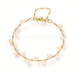 Brazalete trenzado de perlas naturales para niña mujer, brazaletes de latón con cierres magnéticos, dorado, diámetro interior: 2.24~2.48 pulgada (57~63 mm)