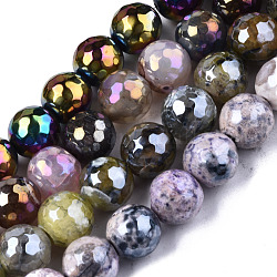 Chapelets de perles d'agate naturelle, perle plaquée lustre, facette, ronde, couleur mixte, 9~10mm, Trou: 1mm, Environ 37 pcs/chapelet, 14.17 pouce ~ 14.57 pouces (36~37 cm)