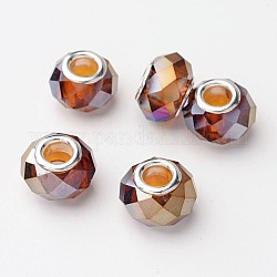 Faceted AB Color Glass European Beads Fit European Charm Bracelets, with Brass Double Cores, Dark Goldenrod, 14x9mm, Hole: 5mm