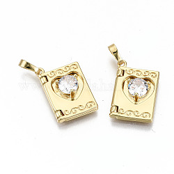 Brass Micro Pave Clear Cubic Zirconia Pendants for Teachers' Day, Nickel Free, Book, Real 16K Gold Plated, 20x13x4mm, Hole: 3.5x6mm