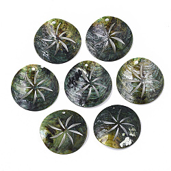Natürliche Akoya-Muschelanhänger, Perlmutt Muschel Anhänger, gefärbt, Flachrund, mittleres Seegrün, 33x5~7 mm, Bohrung: 1.6~2 mm