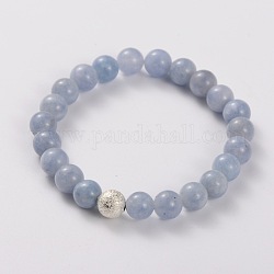 Bracelets extensibles en quartz naturel (teint), imitation aigue-marine, perles de laiton texturées, couleur argentée, 49mm