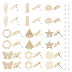Pandahall 36Pcs 9 Styles Rectangle & Flower & Butterfly & Star Ash Wood Stud Earring Findings, with 304 Stainless Steel Pin & 50Pcs Plastic Ear Nuts, BurlyWood, 14~23x6.5~20mm, Hole: 1.6~2mm, Pin: 0.7mm, 4Pcs/style