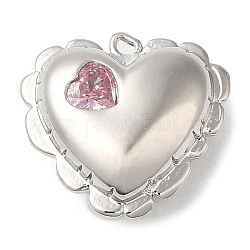 Colgantes de latón, con vidrio, sin níquel, charms del corazón, Platino real plateado, rosa, 15.5x16.5x6.5mm, agujero: 1.2 mm