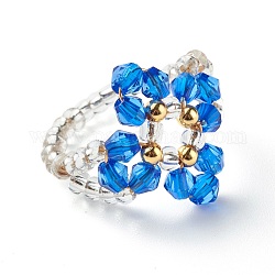 Anneaux de perles acryliques transparentes, avec perles de rocaille rondes en verre transparent et fil de cuivre, fleur, bleu royal, nous taille 7 3/4 (17.9mm)