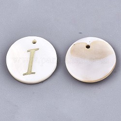 天然淡水シェルのペンダント  金メッキ真鍮エッチング金属装飾付き  アルファベット付きフラットラウンド  文字.i  15x2mm  穴：1.2mm