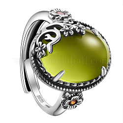 Shegrace 925 verstellbare Ringe aus Sterlingsilber, mit Klasse aaa Kubik Zirkonia, Oval mit Blume, Antik Silber Farbe, olivgrün, uns Größe 9, Innendurchmesser: 19 mm