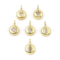 Rack Plating Real 18K Gold Plated Brass Pendants, with Cubic Zirconia, Long-Lasting Plated, Lead Free & Cadmium Free, Flat Round, Random Mixed Chinese Zodiac, 18.5x12x7mm, Hole: 5x4.5mm