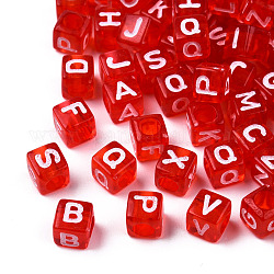 Perles en acrylique transparente, cube avec des lettres mélangées aléatoires blanches, rouge, 6x6x6mm, Trou: 3.5mm