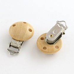 Holz Baby Schnuller Halterclip mit Eisenschließe, Flachrund, Platin Farbe, rauchig, 28x28 mm, Bohrung: 4 mm