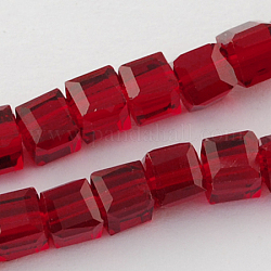 Hilos de abalorios de vidrio, facetados, cubo, de color rojo oscuro, 6x6x6mm, agujero: 1 mm, aproximamente 100 pcs / cadena, 22 pulgada