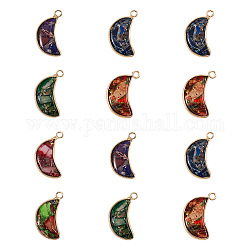 Kissitty 12Pcs 6 Colors Synthetic Regalite/Imperial Jasper/Sea Sediment Jasper Pendants, with Golden Tone Brass and Iron Findings, Moon, Mixed Color, 24~25x12~13x5~6mm, Hole: 2.5mm, 2pcs/color
