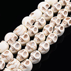 Perles en pierres gemme, turquoise synthétique, crane, pour halloween, blanc, 13x12x13mm, Trou: 2mm, environ 26 perle / Chapelet.