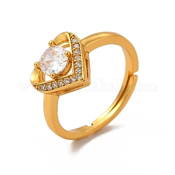 Verstellbarer Ring mit klarem Zirkonia-Herz, Rack-Plating-Messing-Schmuck für Frauen, cadmiumfrei und bleifrei, echtes 18k vergoldet, Innendurchmesser: 16.5~22 mm