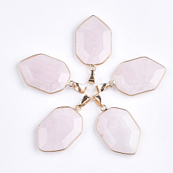 Pendentifs de quartz rose naturel, avec les accessoires en laiton, facette, bouclier, or, 36x22.5x6mm, Trou: 8x4.5mm