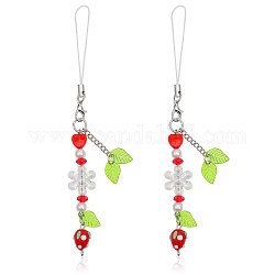 Sangles mobiles de lampe faites à la main de fraise, de feuille et de fleur, pour la décoration de sacs d'accessoires mobiles, rouge, 140x15mm
