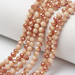 Electroplate Opaque Solid Color Glass Beads Strands, Half Plated, Rainbow Plated, Faceted, Rondelle, PeachPuff, 4x3mm, Hole: 0.4mm, about 123~127pcs/strand, 16.5~16.9 inch(42~43cm)