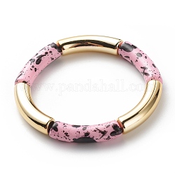 Bracelet extensible perlé tube incurvé acrylique, gros bracelet d'amitié en bambou pour femme, rose, diamètre intérieur: 2-1/8 pouce (5.3 cm)