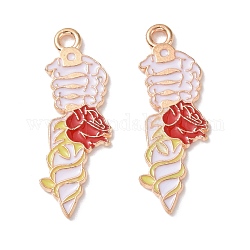 Halloween Alloy Enamel Pendants, Light Gold, Awl with Rose, Red, 30x10x1mm, Hole: 2mm