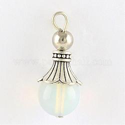 Opalite Pendants, with Alloy Findings, Antique Silver, Snowcone, 29.5x12.5mm, Hole: 2.5mm