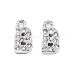 304 Stainless Steel Charms, with Crystal Rhinestone, Letter, Letter.B, 10~10.5x2~8x2mm, Hole: 1.2mm