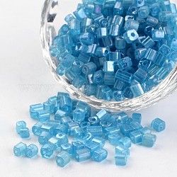 6/0 Cube Transparent Colours Rainbow Plated Round Hole Glass Seed Beads, Steel Blue, 3.5~4x2.5~3mm, Hole: 0.5mm, about 5500pcs/450g