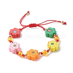 Bracelet de perles tressées en bois naturel imprimé fleur pour adolescente femme, bracelet imitation perles d'ambre, rouge, diamètre intérieur: 1-3/8~2-1/2 pouce (3.5~6.5 cm)