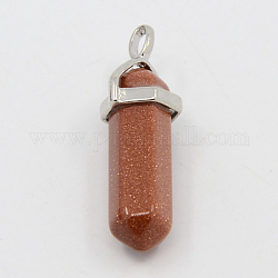 Goldstone Pointed Pendants, with Brass Findings, Bullet, Platinum, 38~45x13mm, Hole: 4x2mm