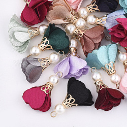 Pendentifs en tissu, avec des accessoires de fer et de perles d'imitation en plastique ABS, fleur, or clair, couleur mixte, 32~34x19~30mm, Trou: 2mm