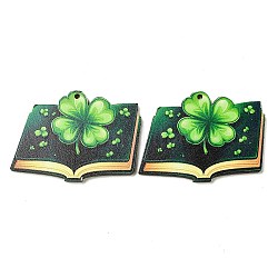 Pendenti in legno stampato a faccia singola per il giorno di San Patrizio, ciondoli per libri con trifoglio, verde, 36x49x2.5mm, Foro: 2 mm